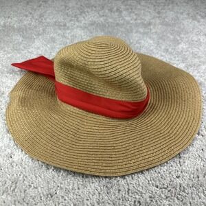 Loft Straw Floppy Hat Red Ribbon Sun Hat Beachy Wide Brim‎